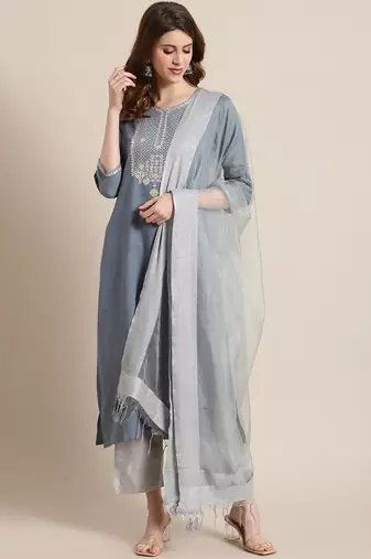Women Blue & Silver Sequinned Yoke Design Kurta with Trousers & Dupatta