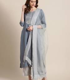 Women Blue & Silver Sequinned Yoke Design Kurta with Trousers & Dupatta