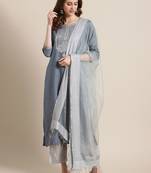 Women Blue & Silver Sequinned Yoke Design Kurta with Trousers & Dupatta