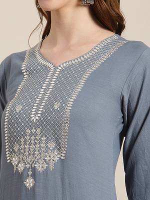 Women Blue & Silver Sequinned Yoke Design Kurta with Trousers & Dupatta 2