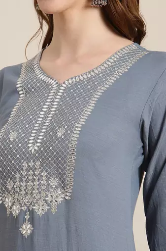 Women Blue & Silver Sequinned Yoke Design Kurta with Trousers & Dupatta