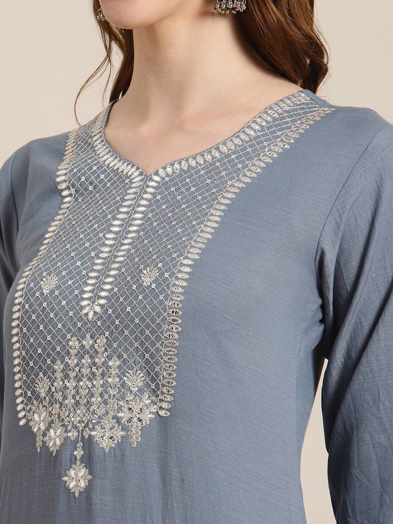 Women Blue & Silver Sequinned Yoke Design Kurta with Trousers & Dupatta