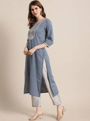 Women Blue & Silver Sequinned Yoke Design Kurta with Trousers & Dupatta 5