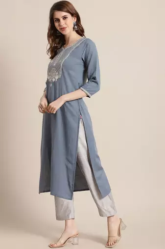 Women Blue & Silver Sequinned Yoke Design Kurta with Trousers & Dupatta