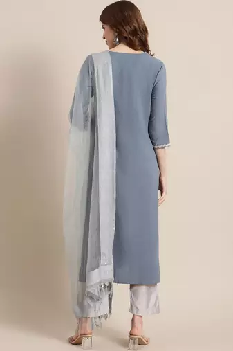Women Blue & Silver Sequinned Yoke Design Kurta with Trousers & Dupatta
