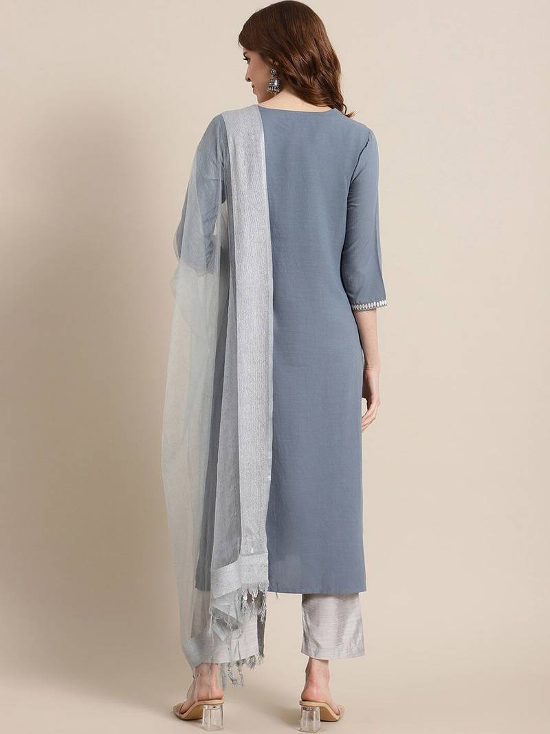 Women Blue & Silver Sequinned Yoke Design Kurta with Trousers & Dupatta