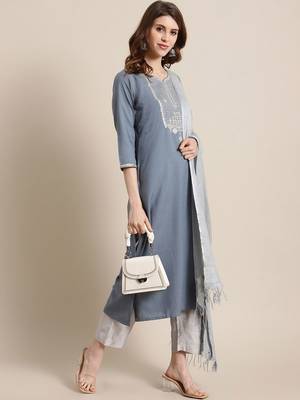 Women Blue & Silver Sequinned Yoke Design Kurta with Trousers & Dupatta 7