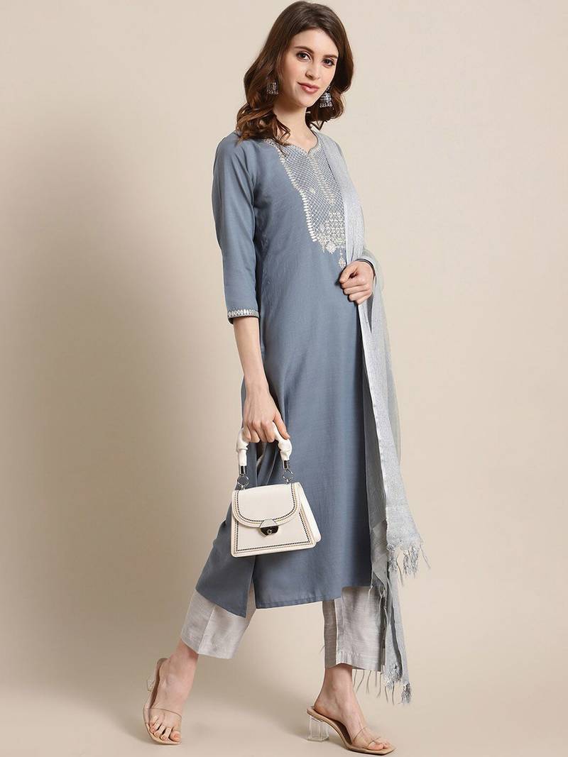 Women Blue & Silver Sequinned Yoke Design Kurta with Trousers & Dupatta