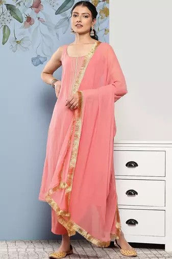 Women Yoke Design Silk Crepe Kurta With Trousers & Dupatta