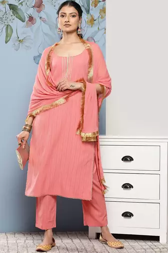 Women Yoke Design Silk Crepe Kurta With Trousers & Dupatta