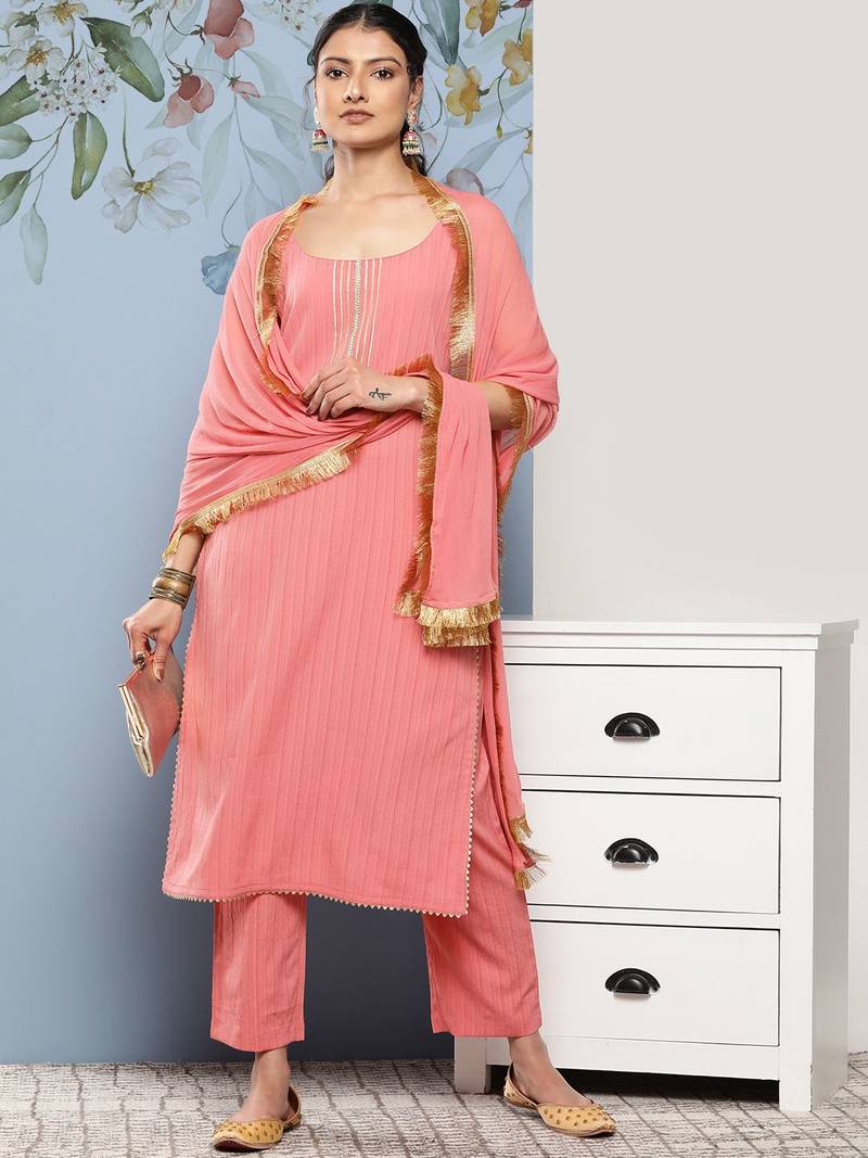 Women Yoke Design Silk Crepe Kurta With Trousers & Dupatta