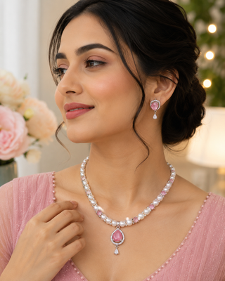 Pearl & pink stone necklace & earrings jewellery set teardrop pendant, cz accents, magnetic clasp, bridal wear. 1