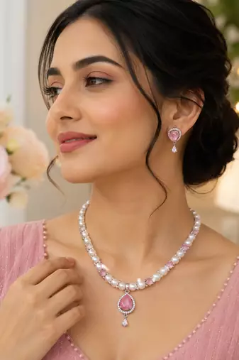 Pearl & pink stone necklace & earrings jewellery set teardrop pendant, cz accents, magnetic clasp, bridal wear.