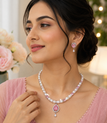 Pearl & pink stone necklace & earrings jewellery set teardrop pendant, cz accents, magnetic clasp, bridal wear.