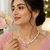 Pearl & pink stone necklace & earrings jewellery set teardrop pendant, cz accents, magnetic clasp, bridal wear.