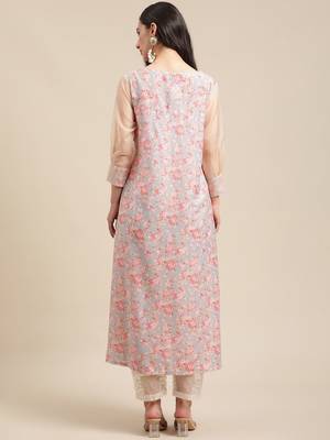 Women Peach-Coloured & Cream-Coloured Floral Printed Pleated Kurta With Trousers 5