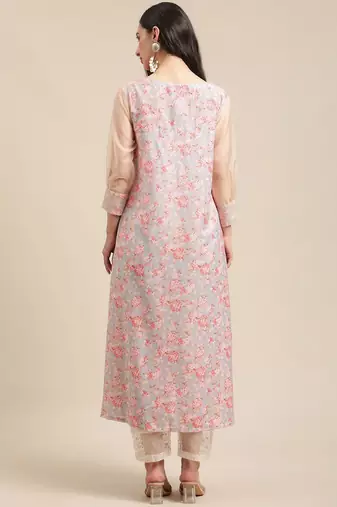 Women Peach-Coloured & Cream-Coloured Floral Printed Pleated Kurta With Trousers