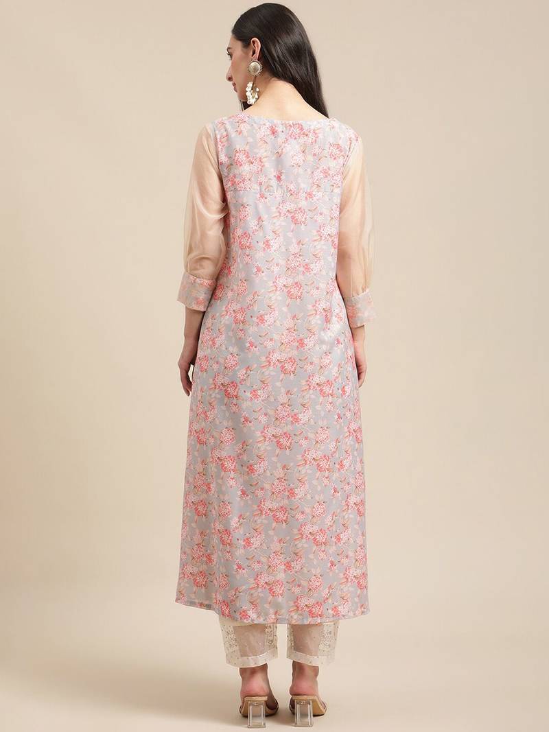 Women Peach-Coloured & Cream-Coloured Floral Printed Pleated Kurta With Trousers