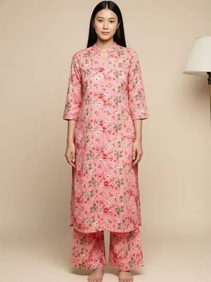 Women Floral Printed Straight Pure Cotton Kurta with Palazzos 1