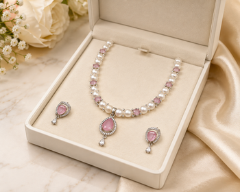 Pearl & pink stone necklace & earrings jewellery set teardrop pendant, cz accents, magnetic clasp, bridal wear. 2