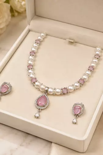 Pearl & pink stone necklace & earrings jewellery set teardrop pendant, cz accents, magnetic clasp, bridal wear.