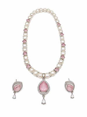 Pearl & pink stone necklace & earrings jewellery set teardrop pendant, cz accents, magnetic clasp, bridal wear. 3
