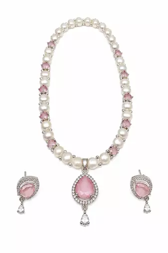 Pearl & pink stone necklace & earrings jewellery set teardrop pendant, cz accents, magnetic clasp, bridal wear.