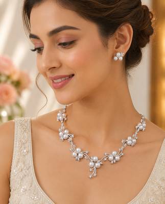 Pearl & cz floral necklace & earrings jewellery set silver-tone finish, bridal wear, cluster pearl design. 1