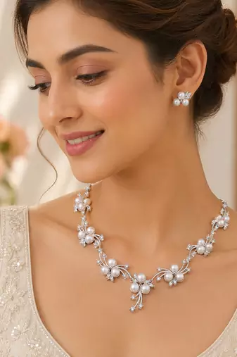 Pearl & cz floral necklace & earrings jewellery set silver-tone finish, bridal wear, cluster pearl design.