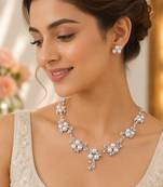 Pearl & cz floral necklace & earrings jewellery set silver-tone finish, bridal wear, cluster pearl design.