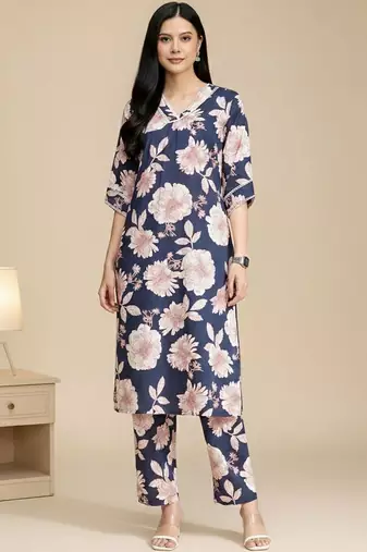 Floral Printed V-Neck Pure Cotton Straight Kurta With Trouser