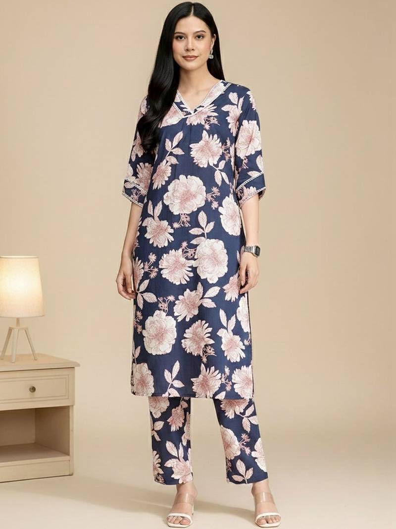 Floral Printed V-Neck Pure Cotton Straight Kurta With Trouser