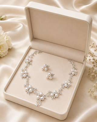 Pearl & cz floral necklace & earrings jewellery set silver-tone finish, bridal wear, cluster pearl design. 2