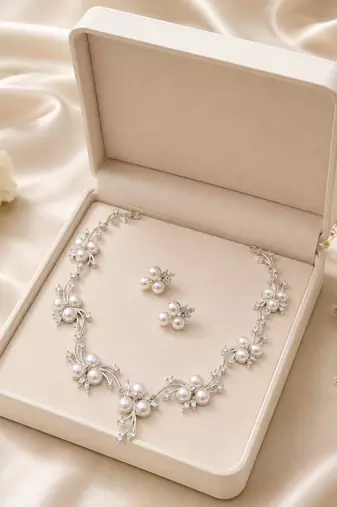 Pearl & cz floral necklace & earrings jewellery set silver-tone finish, bridal wear, cluster pearl design.
