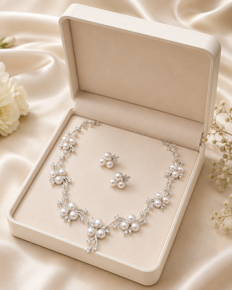 Pearl & cz floral necklace & earrings jewellery set silver-tone finish, bridal wear, cluster pearl design.