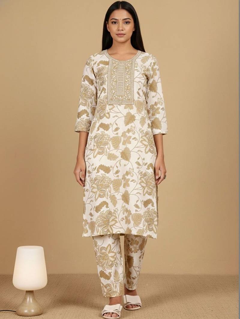 Women Floral Printed Regular Thread Work Kurta with Trousers