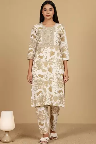 Women Floral Printed Regular Thread Work Kurta with Trousers