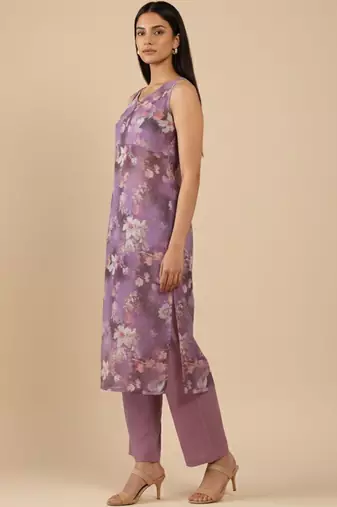 Floral Printed V-Neck Empire Straight Kurta With Trouser