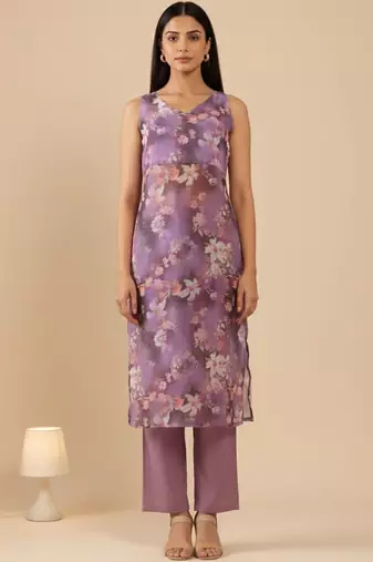 Floral Printed V-Neck Empire Straight Kurta With Trouser