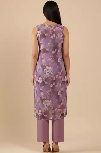 Floral Printed V-Neck Empire Straight Kurta With Trouser