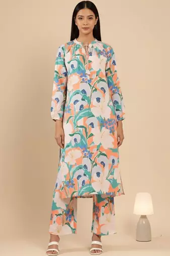 Floral Printed Mandarin Collar Straight Kurta With Trousers