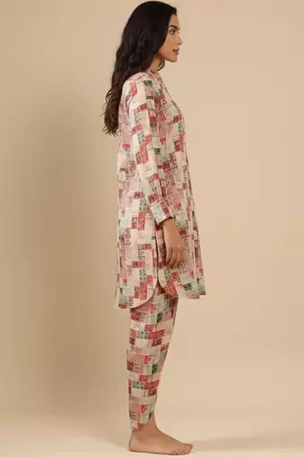 Abstract Printed Mandarin Collar Cuff Sleeves Kurta With Dhoti Pants