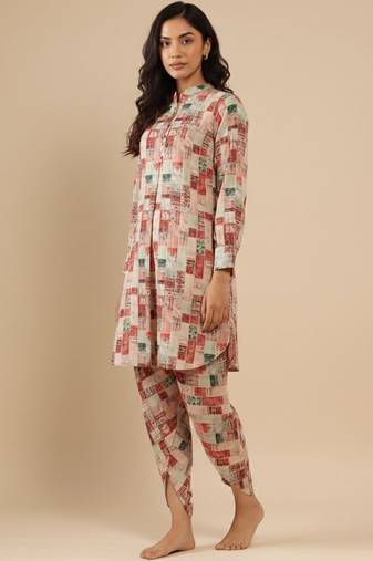 Abstract Printed Mandarin Collar Cuff Sleeves Kurta With Dhoti Pants