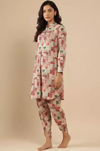 Abstract Printed Mandarin Collar Cuff Sleeves Kurta With Dhoti Pants