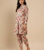 Abstract Printed Mandarin Collar Cuff Sleeves Kurta With Dhoti Pants