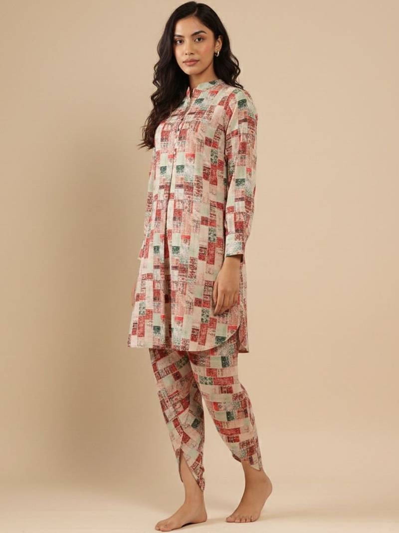Abstract Printed Mandarin Collar Cuff Sleeves Kurta With Dhoti Pants