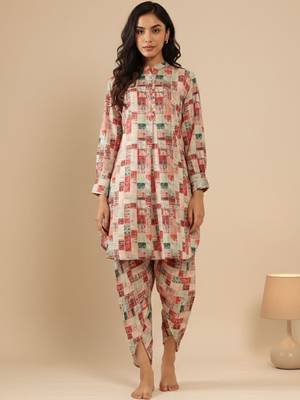 Abstract Printed Mandarin Collar Cuff Sleeves Kurta With Dhoti Pants 3