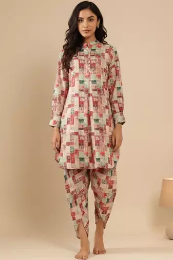 Abstract Printed Mandarin Collar Cuff Sleeves Kurta With Dhoti Pants