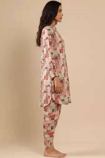 Abstract Printed Mandarin Collar Cuff Sleeves Kurta With Dhoti Pants