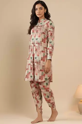Abstract Printed Mandarin Collar Cuff Sleeves Kurta With Dhoti Pants
